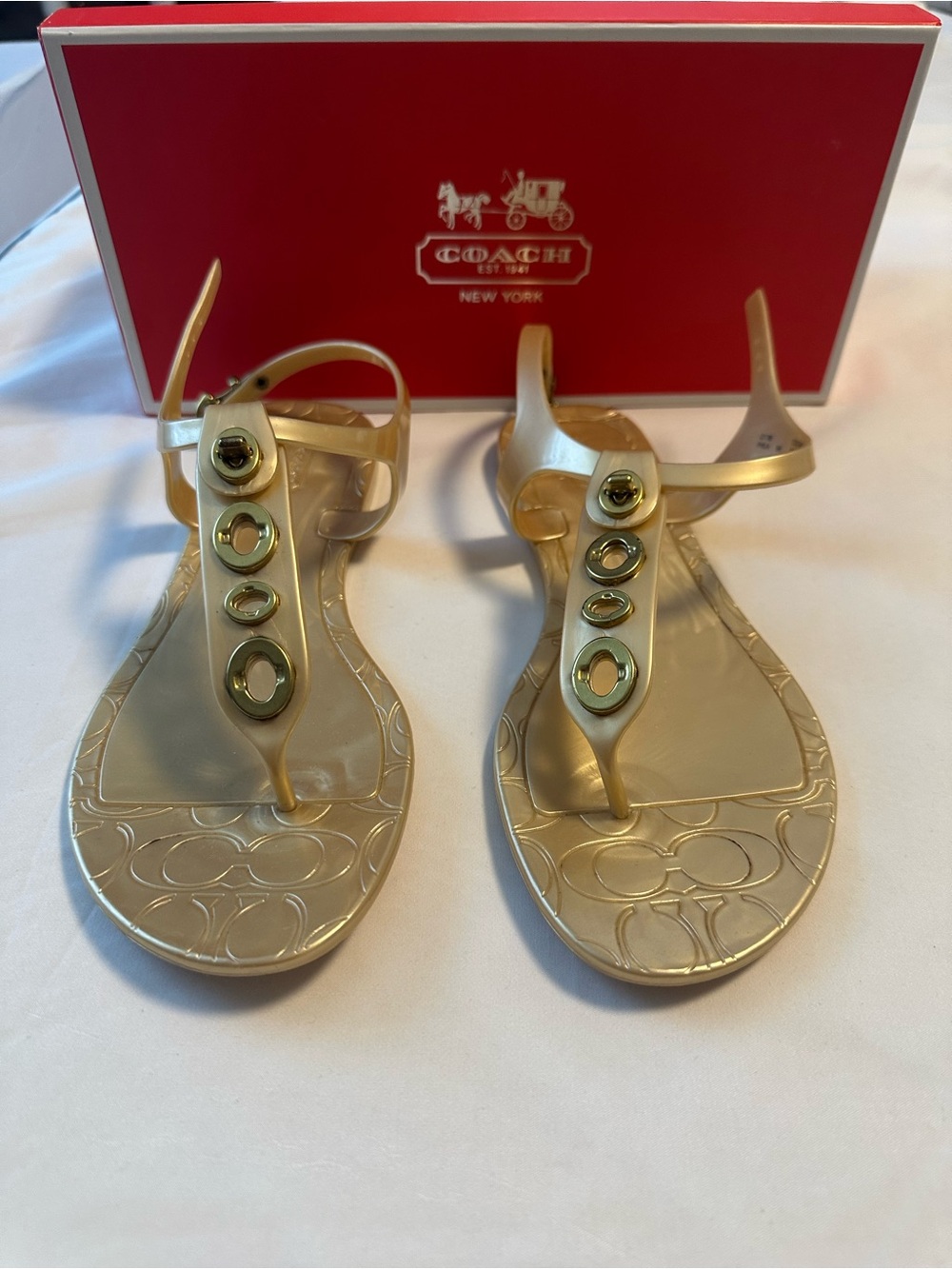 Coach Metallic Gold T-Strap Jelly Sandals with Logo Detail Size-9B